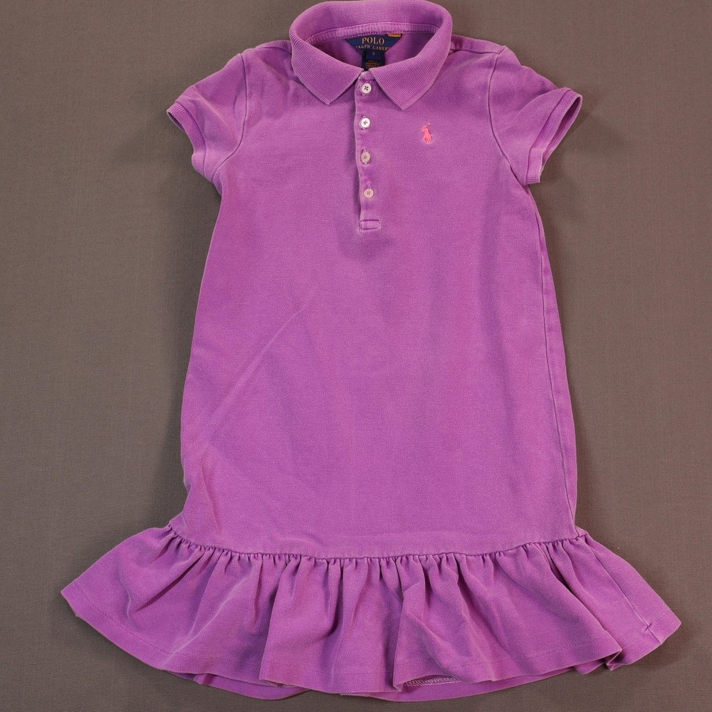 Polo Ralph Lauren Shirt Dress Girls 6 Purple Knit Short SLV Ruffle Hem Pique